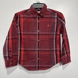 CALVIN KLEIN Jeans Boys Plaid Button up Shirt Long Sleeve Small 8 Red Gray